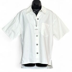 NWT! LNDN London Denim collared cream denim button short sleeve organic cotton
